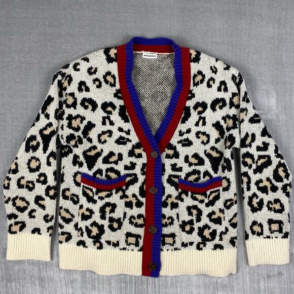 Vigoss Varsity Stripe Cardigan Womens Large Boxy Chunky Leopard Print Tennis - Picture 1 of 9